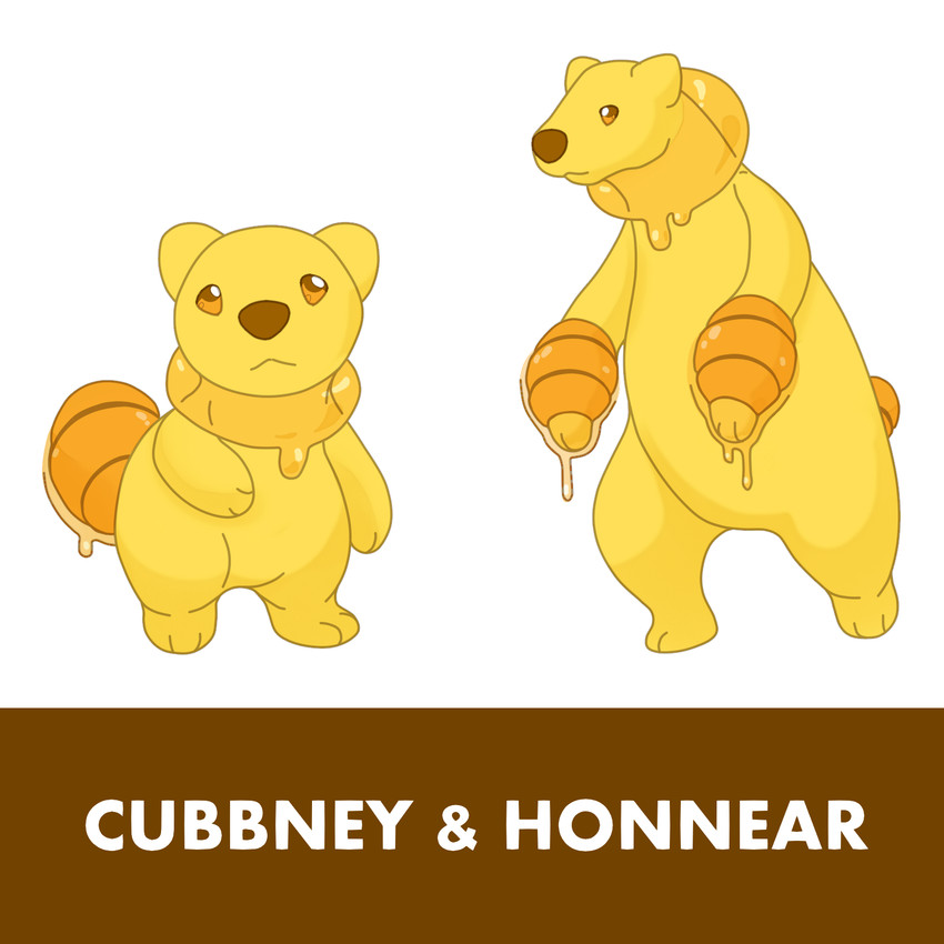 ambiguous_gender brown_nose duo feral food honey_(food) honey_dipper orange_eyes pose simple_background yellow_body young young_ambiguous 9x9 fakemon bear mammal 1:1 hi_res