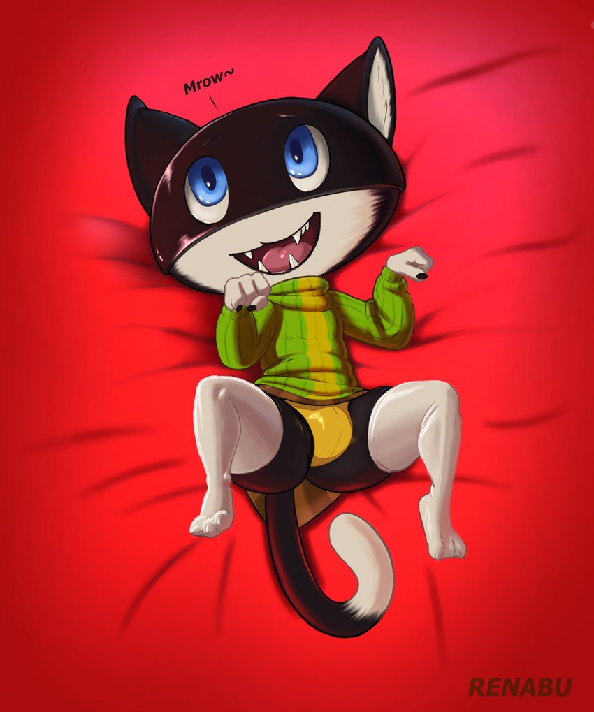 bottomwear bulge clothing cosplay legwear male presenting skirt solo thick_thighs thigh_highs underwear renabu atlus megami_tensei megami_tensei_persona persona_(series) persona_4 persona_5 sega chie_satonaka morgana_(persona) felid feline mammal 2023 hi_res