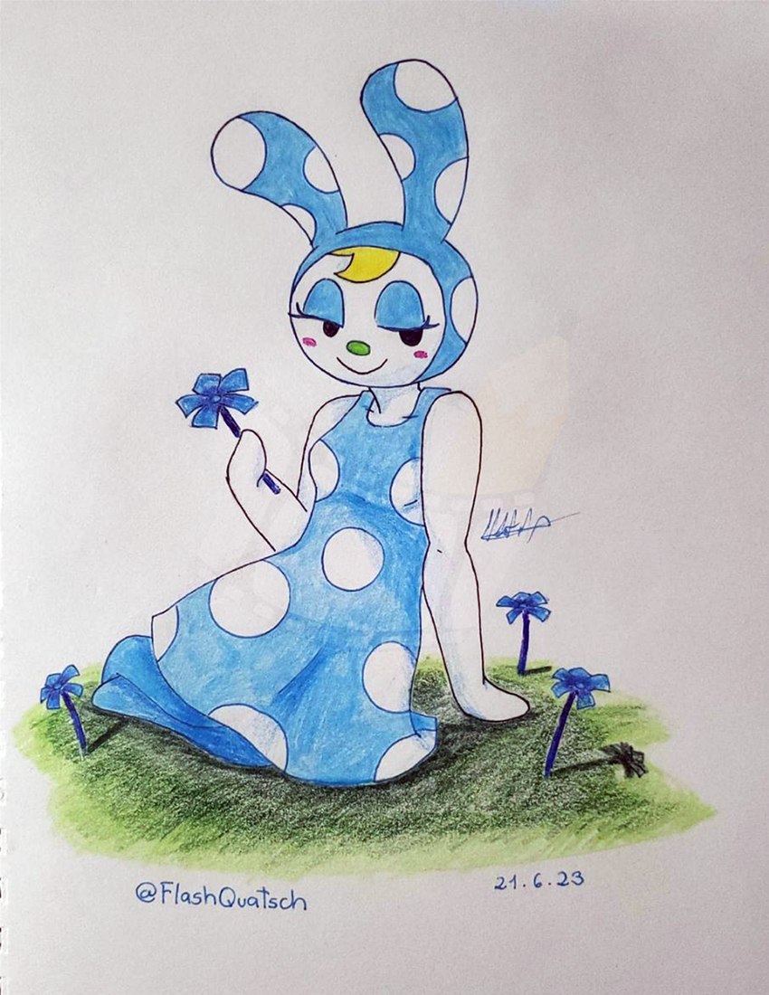 anthro blonde_hair blue_clothing blue_dress blue_ears blue_eyeshadow blue_flower blue_legs blush clothing dress eyeshadow female flower grass hair holding_flower holding_object makeup plant polka_dot_dress polka_dots sitting solo white_body white_skin flashquatsch animal_crossing nintendo francine_(animal_crossing) lagomorph leporid mammal rabbit 2023 artist_name hi_res traditional_media_(artwork)