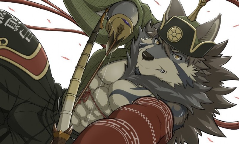 abs anthro clothing fur male mongolian mongolian_clothing muscular muscular_anthro muscular_male pecs solo tattoo white_body white_fur jinku_56 lifewonders tokyo_afterschool_summoners temujin_(tas) canid canine canis mammal wolf 2019