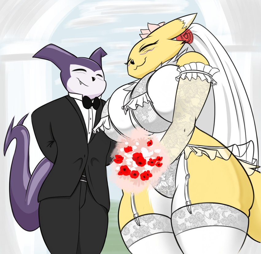 anthro big_breasts biped breasts bridal_lingerie clothed clothing duo female fur garter_straps huge_breasts larger_female legwear lingerie male panties size_difference smile thick_thighs thigh_highs underwear wedding yellow_body seiiartworks bandai_namco digimon canid canine digimon_(species) fox imp impmon mammal renamon absurd_res hi_res