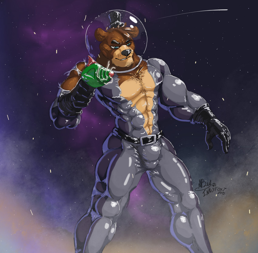 abs angry anthro armor barazoku belt biceps blue_eyes body_hair brown_body brown_fur bulge chest_hair clothed clothing detailed_bulge exposed_chest fur genital_outline gloves gun handwear hat headgear headwear helmet latex latex_clothing latex_skinsuit male manly multicolored_body muscular muscular_anthro muscular_male narrowed_eyes pecs penis_outline raised_arm ranged_weapon round_ears rubber_clothing shooting_star skinsuit solo space space_helmet spacesuit squint standing star tan_body tan_skin teeth thick_thighs tight_clothing top_hat torn_clothing torn_spacesuit torn_suit triceps weapon inkart_flow five_nights_at_freddy's freddy_in_space_2 scottgames freddy_(fnaf) bear mammal 2019