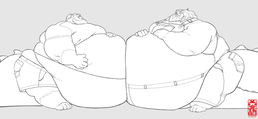 5_fingers anthro beard belly belly_squish big_belly bottomwear clothing duo facial_hair fingers hair hand_on_belly huge_belly hyper hyper_belly long_hair male morbidly_obese morbidly_obese_anthro morbidly_obese_male obese obese_anthro obese_male overalls overweight overweight_anthro overweight_male ponytail shirt shorts simple_background squish t-shirt tail thick_tail topwear tkc2021 bear mammal hi_res monochrome