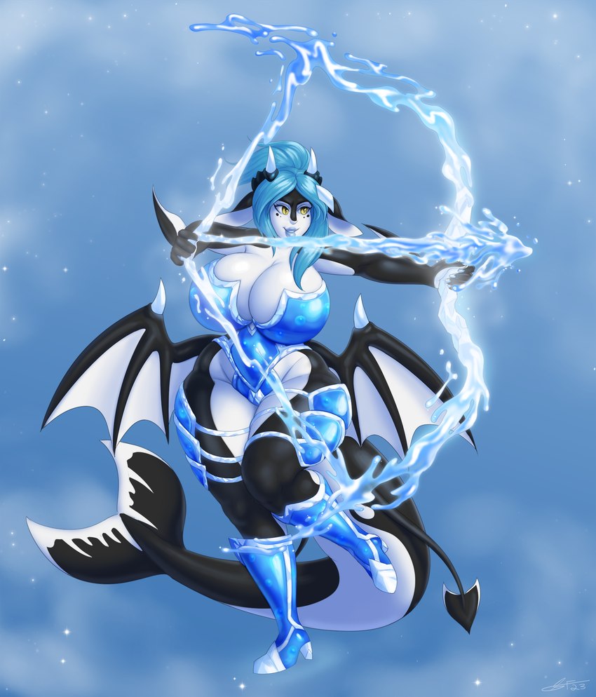 anthro armor arrow_(weapon) big_breasts black_body blue_hair bow_(weapon) breasts clothed clothing female fingers hair holding_object holding_weapon huge_breasts ice lips long_ears magic on_one_leg ranged_weapon simple_background solo standing tail teeth thick_thighs water weapon white_body wide_hips wings yellow_eyes slimefur anat cetacean dolphin mammal marine oceanic_dolphin orca succubus toothed_whale hi_res