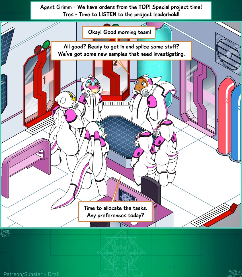 anthro big_breasts breasts clothed clothing female hazmat_suit huge_breasts laboratory non-mammal_breasts spines tail text text_box drxii kobold_quest patreon cherry_kobold gooseberry_kobold kobold reptile scalie squirrelbold stegobold digital_media_(artwork) english_text hi_res url