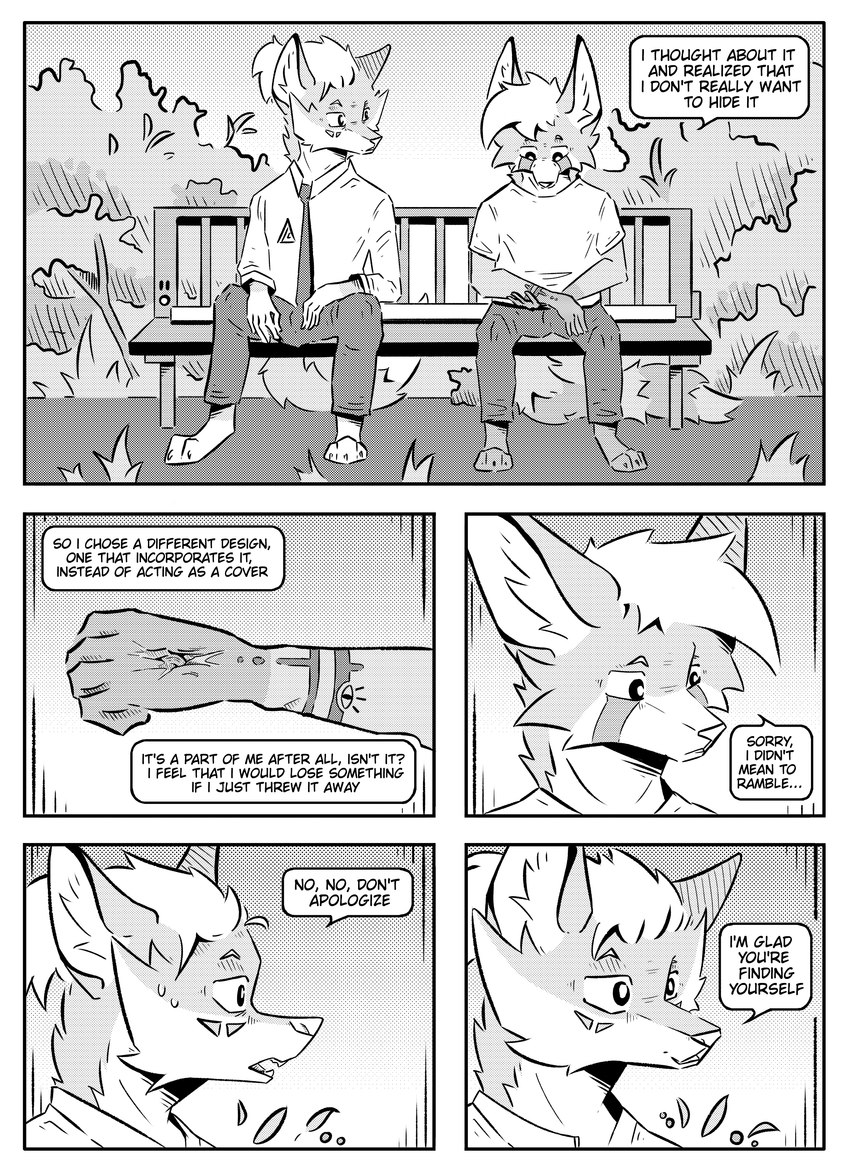 ambiguous_gender anthro bench clothed clothing dialogue duo inner_ear_fluff male necktie plant scar simple_background sitting speech_bubble tattoo text tuft wounded kifyun2 kif_yppreah raphael_yppreah canid canine fox hybrid mammal absurd_res black_and_white comic english_text full-length_portrait greyscale hi_res monochrome portrait sibling_(lore)