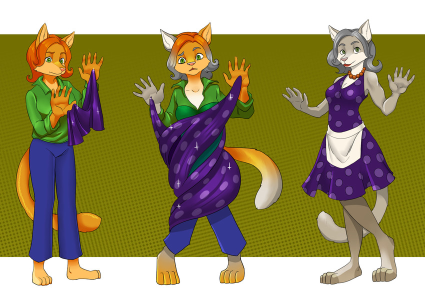 anthro apron bottomwear clothing color_change dress female fur grey_body grey_fur housewife legwear lipstick makeup orange_body orange_fur pants pantyhose polka_dots solo stepfordization ichihara-chan felicia_(feder) domestic_cat felid feline felis mammal hi_res