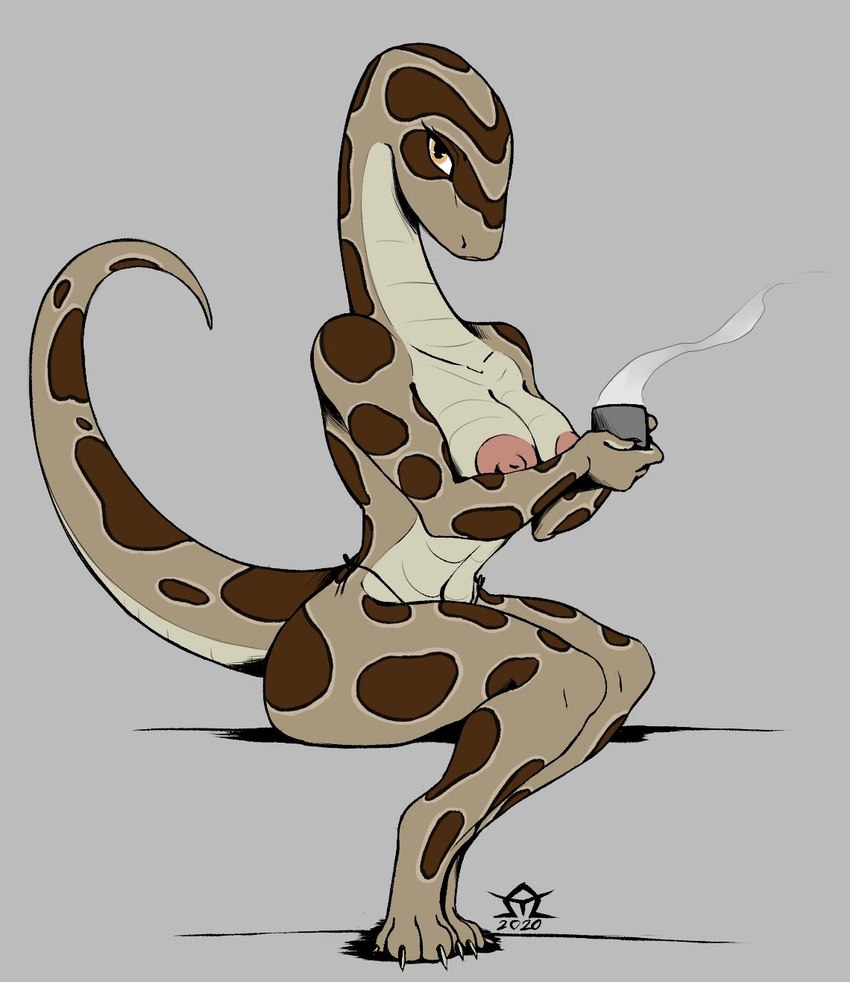 anthro breasts clothed clothing coffee_mug female nipples non-mammal_breasts non-mammal_nipples sitting solo spots topless topless_anthro topless_female omeyega reptile scalie snake 2020 full-length_portrait hi_res portrait