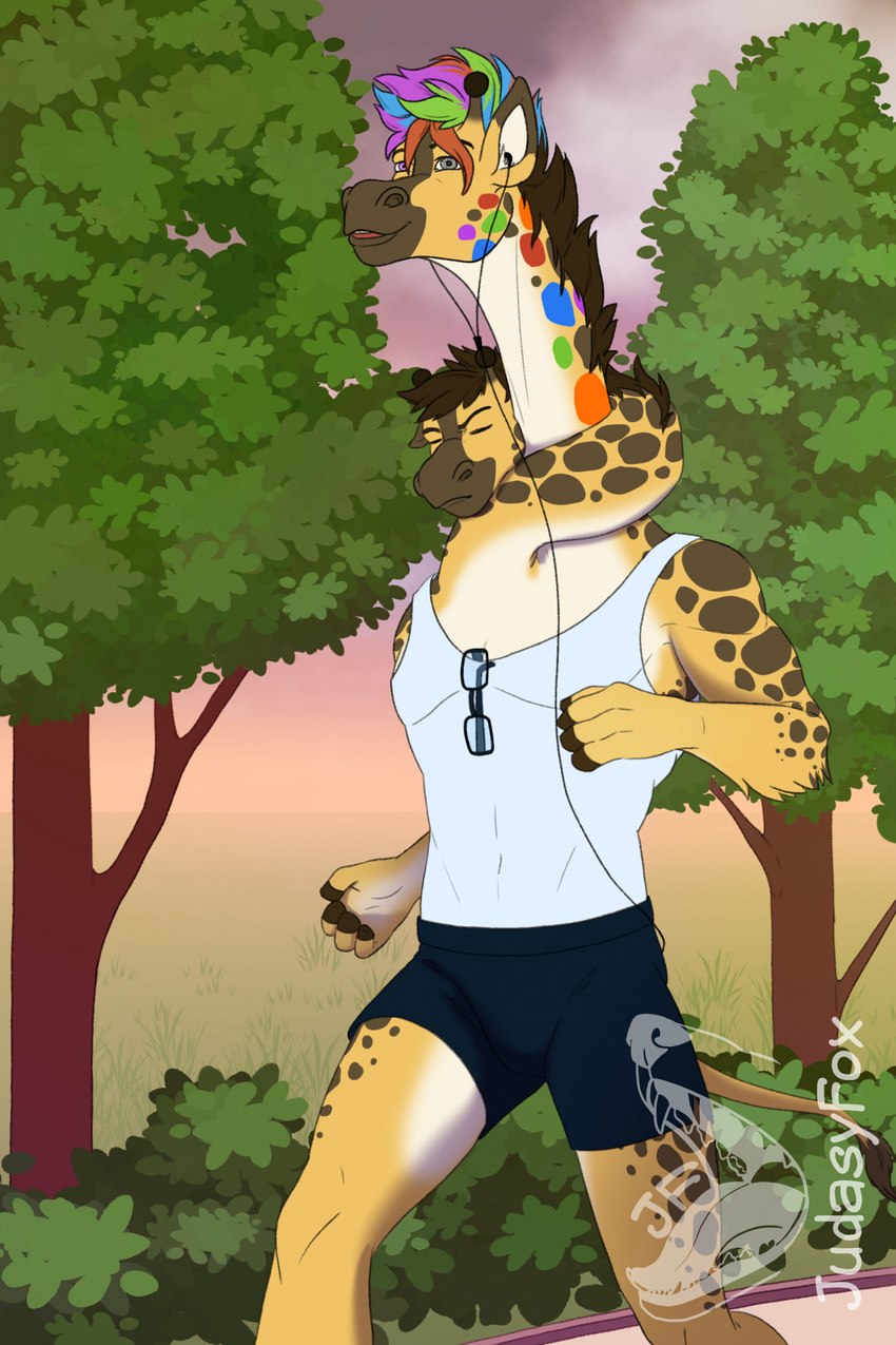 anthro bottomwear brown_hair clothing conjoined conjoined_twins duo eyewear fluffy glasses hair highlights_(coloring) hooves horn jog jogging_outfit long_neck male music outside shirt short_tail shorts sport tail tank_top topwear yellow_body judasyfox giraffe giraffid mammal hi_res