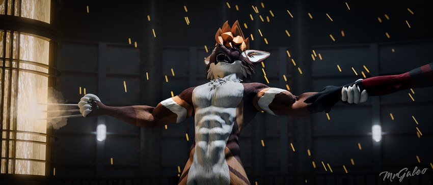 abs anthro biceps brown_body brown_fur claw_(weapon) claws detailed_background fur hair male melee_weapon movie_accurate movie_reference movie_set muscle_tone muscular muscular_anthro muscular_male open_mouth pecs solo sparkles weapon white_body white_fur mrgaleo blender_cycles deadpool_&_wolverine_(2024) canid canine mammal rexouium 3d_(artwork) blender_(artwork) digital_media_(artwork) hi_res