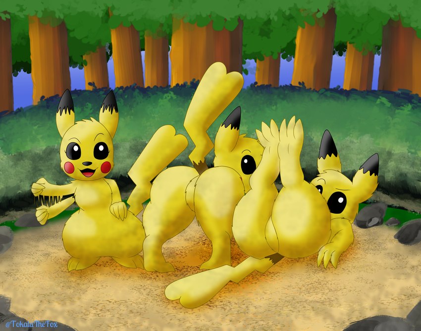 anthro butt female gesture group outside plant raised_leg raised_tail semi-anthro sexual_dimorphism suggestive suggestive_gesture tail thick_thighs tree trio tokalathefox nintendo pokemon generation_1_pokemon pikachu pokemon_(species) hi_res