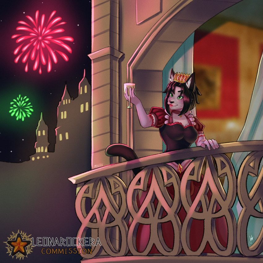 anthro castle clothed clothing container crown cup dress female fireworks hair handwear headgear night outside queen royalty solo leonarockera moira_(casitoarroyo) domestic_cat felid feline felis mammal 1:1 absurd_res digital_media_(artwork) hi_res watermark