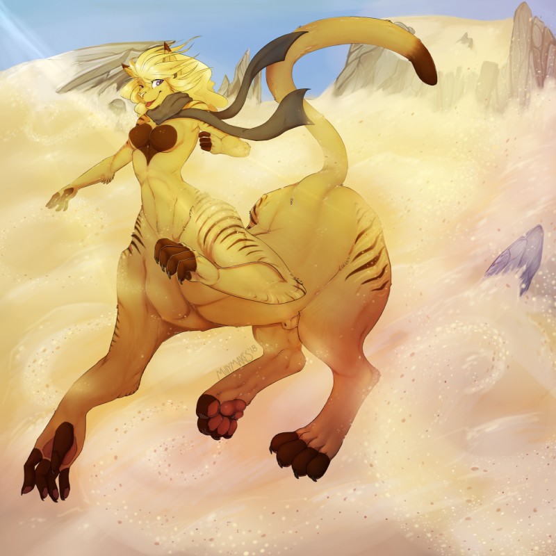 animal_genitalia blonde_hair blue_eyes breasts brown_sheath desert detailed_background featureless_breasts fully_sheathed genitals gynomorph hair intersex multi_limb piercing sand scarf sheath solo missmillerz dunedrift_(character) chakat felid felid_taur mammal mammal_taur taur 1:1 2018 hi_res herm_(lore)