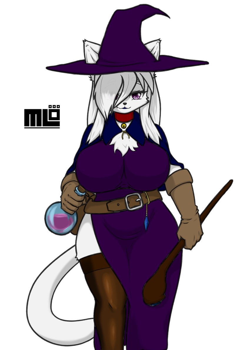 big_breasts breasts clothing exercise female footwear fur gloves handwear hat headgear headwear jewelry legwear necklace potion purple_eyes robe socks solo stockings wand white_body white_fur witch_hat mi_lan milan_(mi_lan) felid feline mammal absurd_res hi_res