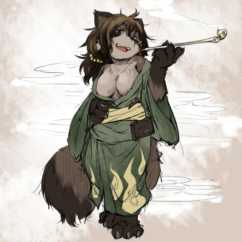 3_toes anthro asian_clothing big_tail biped breasts brown_body brown_eyes brown_fur brown_hair claws cleavage clothed clothing east_asian_clothing eyewear feet female fur hair japanese japanese_clothing kimono looking_at_viewer mature_anthro mature_female monocle pipe ponytail short slightly_chubby smile smoke smoking smoking_pipe smoking_tobacco solo standing tail tobacco_pipe toes koishi_chikasa canid canine mammal raccoon_dog tanuki 1:1