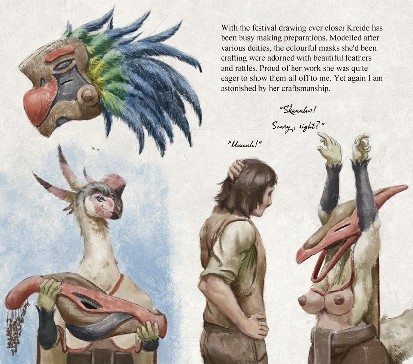 anthro beak breasts clothing dialogue duo feathers female journal_entry male male/female standing text upai kreide_(upai) dinosaur human mammal oviraptor oviraptorid prehistoric_species reptile scalie theropod english_text hi_res