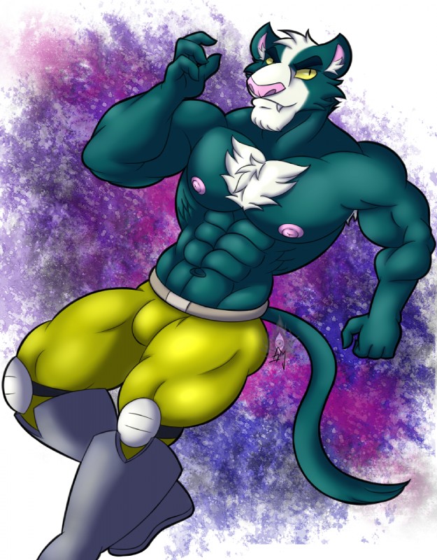 abs armpit_hair biceps body_hair chest_hair clothed clothing male muscular muscular_male navel nipples pecs serratus solo topless shadowmark_wolf final_space avocato felid feline mammal ventrexian hi_res