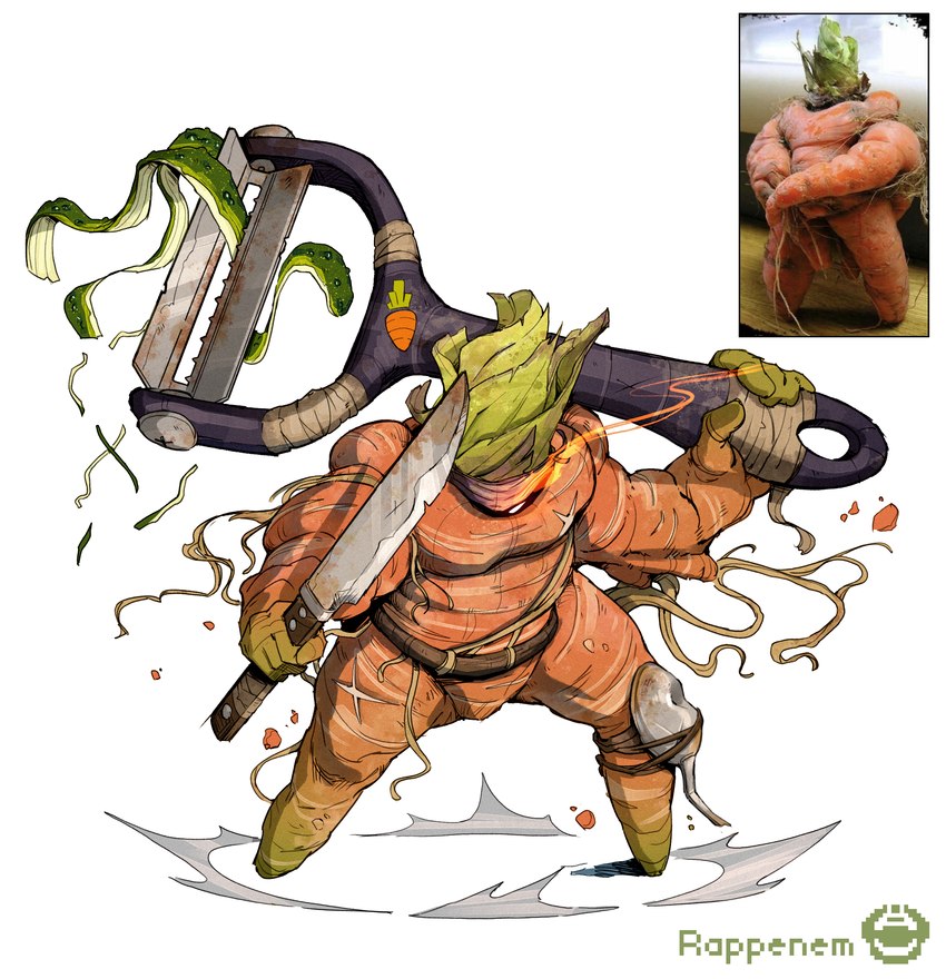 ambiguous_gender biped carrot fingers food holding_knife holding_object holding_peeler knife not_furry peeler plant reference_image solo vegetable rappenem elemental_creature elemental_humanoid flora_fauna food_creature food_humanoid humanoid living_vegetable plant_humanoid vegetable_humanoid hi_res