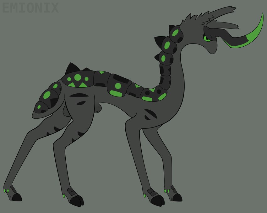 1_horn animal_genitalia balls black_markings black_sclera black_scutes cloven_hooves darkened_balls darkened_genitalia darkened_sheath dewclaw_hooves feral fully_sheathed fur genitals green_eyes green_markings grey_background grey_balls grey_body grey_fur grey_sheath hooves horn lidded_eyes long_ears long_neck male markings mouthless noseless pupils quadruped scutes sheath short_tail side_view simple_background slim slim_feral slim_male slit_pupils snout solo spikes spikes_(anatomy) standing striped_markings stripes tail tapering_snout text thick_tail thin_legs toony unguligrade emionix pawn_(emx) hoofbeast omnigon omnitope absurd_res artist_name flat_colors hi_res nonbinary_(lore)