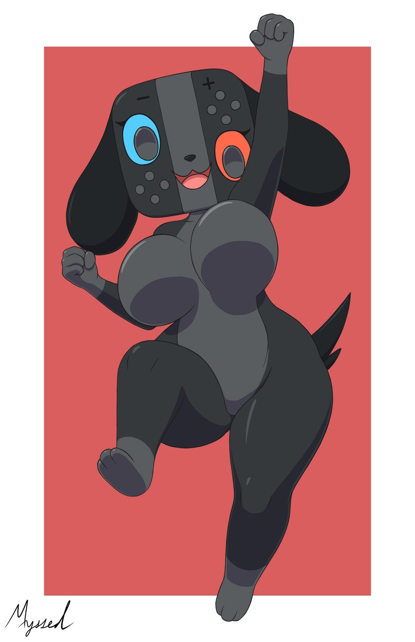 anthro big_breasts bouncing_breasts breasts featureless_breasts featureless_crotch female jumping looking_at_viewer simple_background solo tail thick_thighs wide_hips myssedakes nintendo nintendo_switch_2 switch_dog_2 animate_inanimate canid mammal absurd_res hi_res