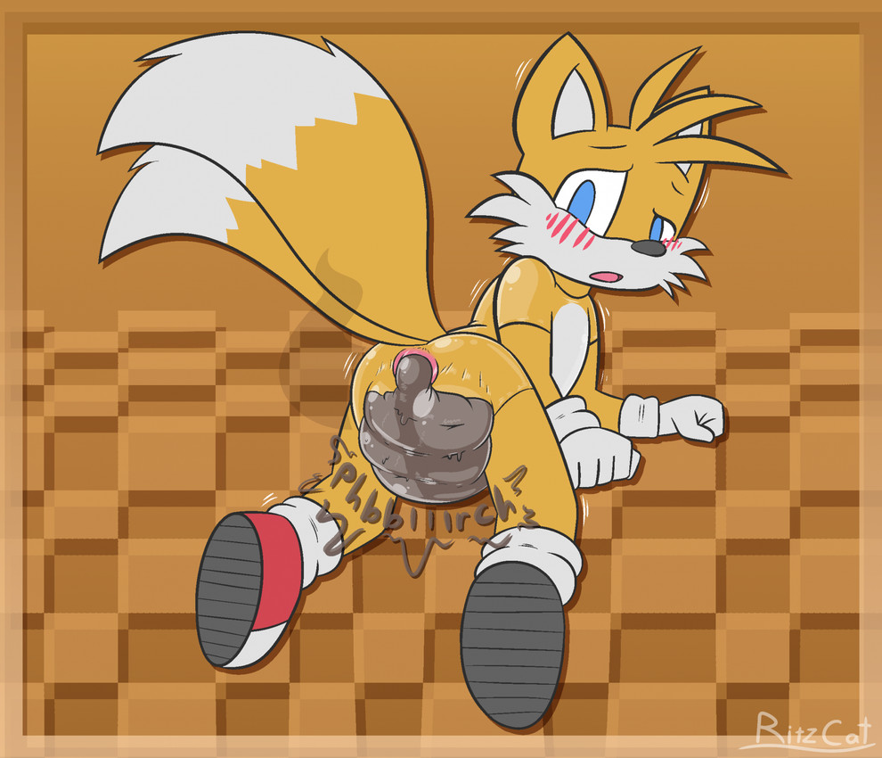 2_tails anthro anus blue_eyes blush bodysuit brown_background butt cheek_tuft clothing dipstick_tail emanata facial_tuft feces footwear fur gloves handwear head_tuft latex latex_bodysuit latex_clothing latex_skinsuit looking_back_at_self male male_pooping markings multi_tail one_eye_half-closed open_mouth orange_body orange_fur pattern_background pooping raised_tail scatplay shoes simple_background skinsuit soiled soiling soiling_clothing solo sound_effects tail tail_markings text tight_clothing translucent translucent_latex tuft white_body white_fur white_inner_ear ritzcat sega sonic_the_hedgehog_(series) miles_prower canid canine fox mammal artist_name hi_res