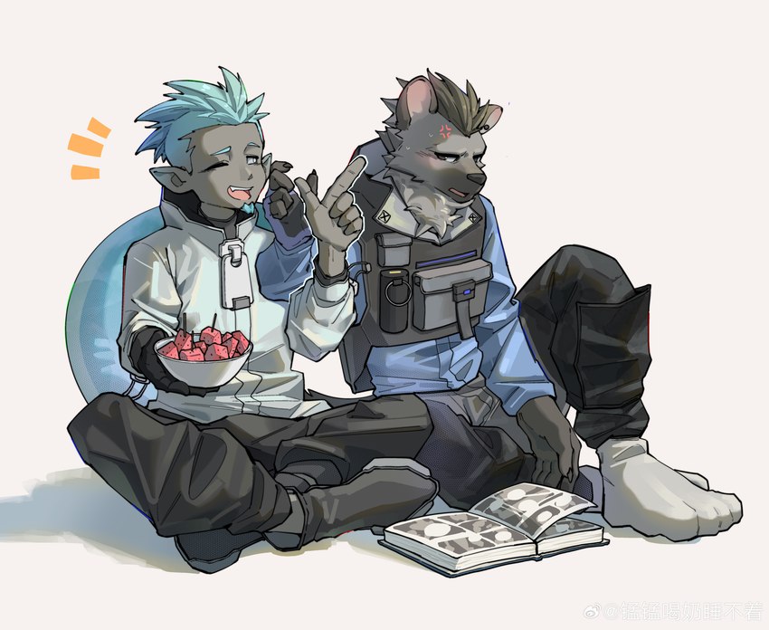 anthro book clothed clothing cross-popping_vein dialogue duo fur grey_body grey_fur hair male simple_background sitting sitting_on_ground tail dmsjji12 arknights hypergryph studio_montagne ethan_(arknights) spot_(arknights) animal_humanoid chameleon_humanoid humanoid hyena lizard_humanoid mammal reptile reptile_humanoid scalie scalie_humanoid spotted_hyena 2023 absurd_res hi_res