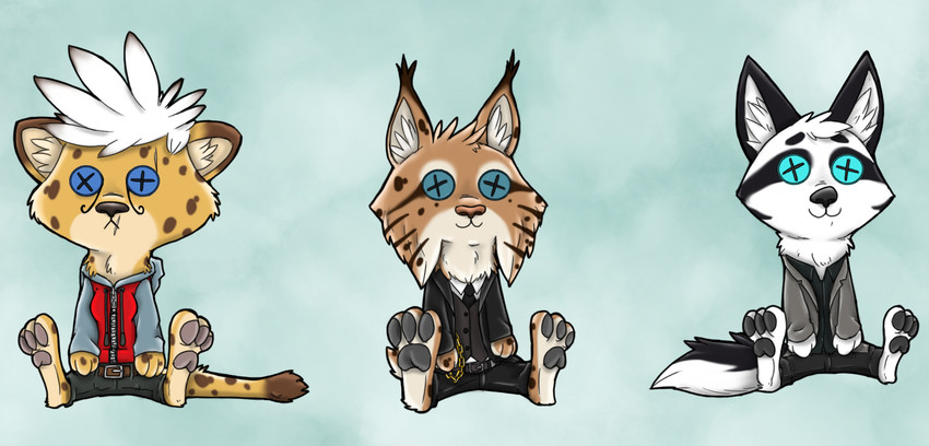 3_toes anthro blue_eyes brown_body brown_fur feet female fur male pawpads plushie toes toy yellow_body yellow_fur ziegelzeig bad_guy_cafe angel_eyes arten_reichtum landsec_(character) cheetah felid feline lynx mammal hi_res