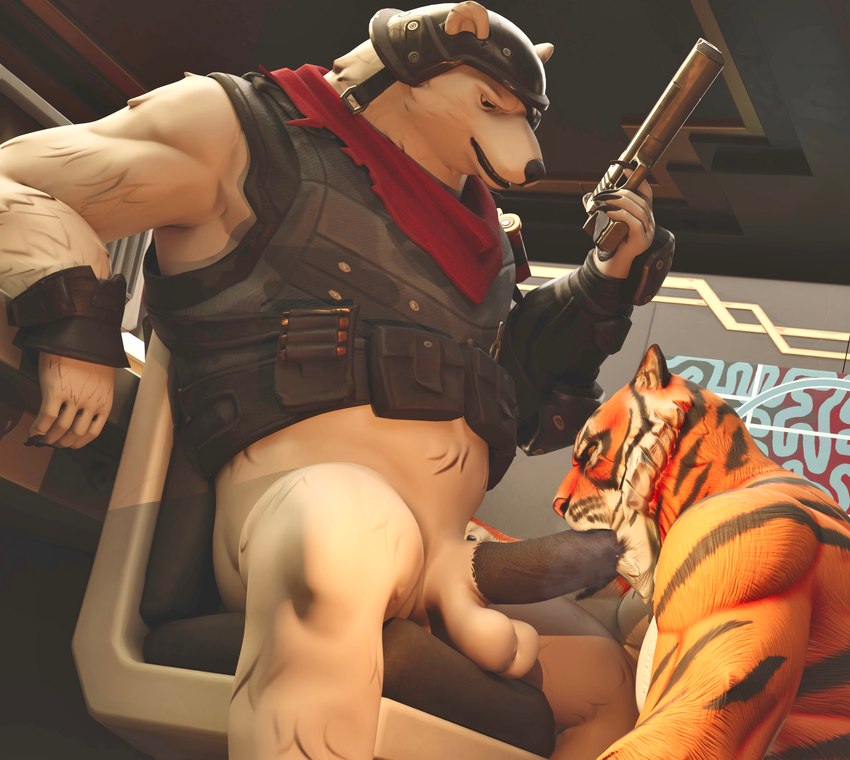 anthro armor armored_vest bottomless chair clothed clothing duo furniture genitals gun headgear helmet holding_object holding_ranged_weapon holding_weapon humanoid_genitalia humanoid_penis interspecies male male/male musk musk_clouds office on_chair oral overweight overweight_male penis ranged_weapon sitting sitting_on_chair weapon sneakyphox epic_games fortnite oscar_(fortnite) polar_patroller bear felid mammal pantherine polar_bear tiger ursine 3d_(artwork) blender_(artwork) digital_media_(artwork) hi_res