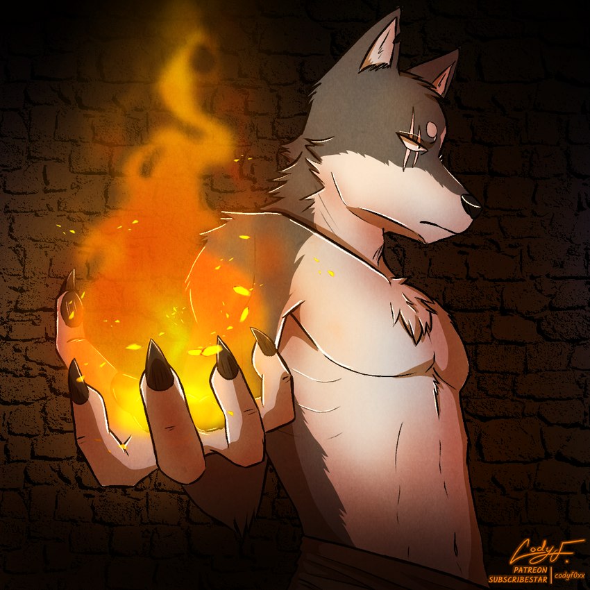 anime_style anthro brick_background brick_wall claws elemental_manipulation facial_scar fire fire_in_hand fire_manipulation fur grey_body grey_fur magic magic_user male scar solo text wall_(structure) white_body white_fur codyf0xx canid canine canis mammal wolf 1:1 english_text