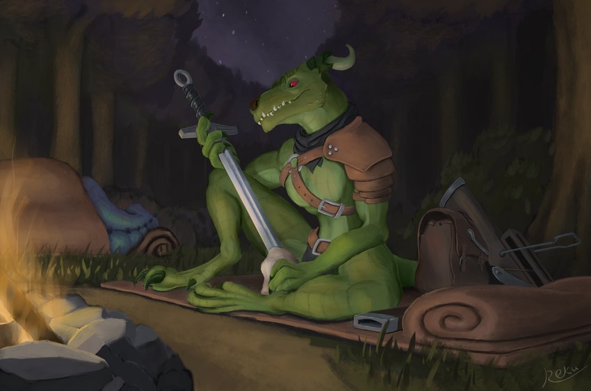armor camp campfire camping character_art clothed clothing equipment forest green_body green_scales horn melee_weapon multicolored_body night outside plant scales sitting sword tree two_tone_body weapon reku_illustration dungeons_and_dragons hasbro wizards_of_the_coast background_character kobold scalie 2023 absurd_res digital_media_(artwork) hi_res