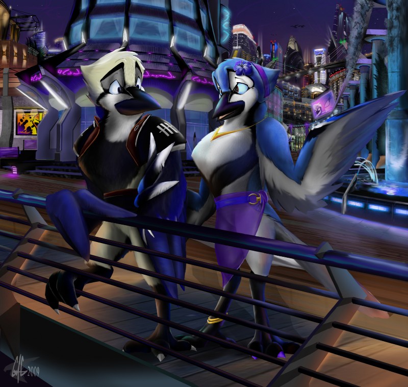 anthro beak black_beak bottomwear city clothed clothing duo female flower male night outside plant skirt tail tail_under_skirt corrvo mati riko avian bird blue_jay corvid jay_(bird) new_world_jay oscine passerine hi_res