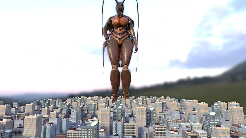 4_arms antennae_(anatomy) anthro big_breasts breasts brown_body city compound_eyes female long_antennae looking_down macro mandibles multi_arm multi_limb non-mammal_breasts nude outside solo standing twoscale robin_(twoscale) arthropod blattodea cockroach insect 16:9 2018 3d_(artwork) digital_media_(artwork) hi_res widescreen