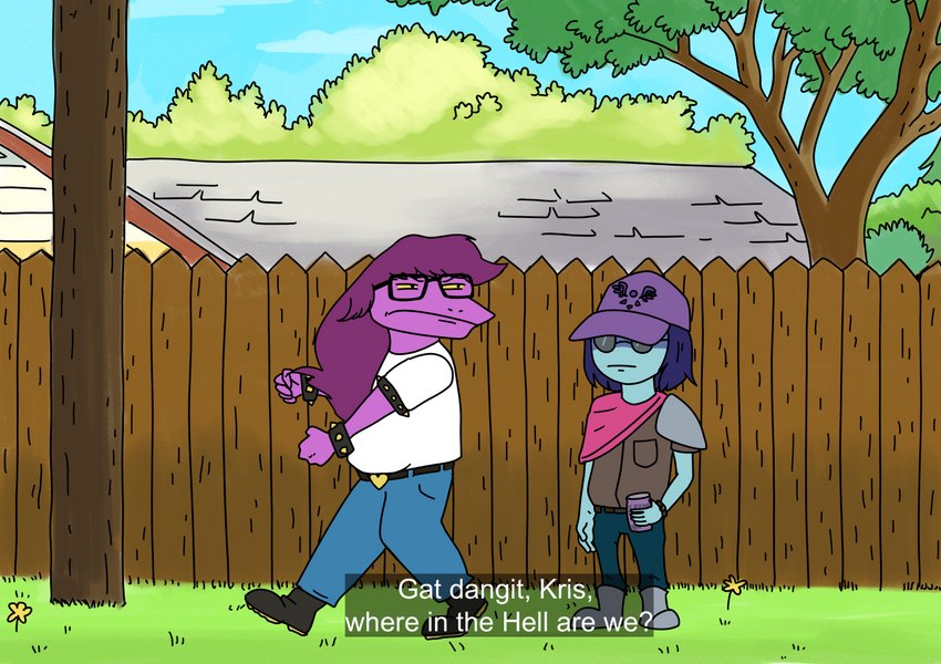 ambiguous_gender anthro armband bottomwear bracelet clothed clothing detailed_background dialogue duo eyewear glasses hair hat headgear headwear humor jewelry long_hair male outside pants parody plant purple_body purple_hair shirt sign spiked_armband spiked_bracelet spikes style_emulation sunglasses text topwear tree literalghost deltarune king_of_the_hill kris_where_are_we undertale_(series) dale_gribble hank_hill kris_(deltarune) susie_(deltarune) dinosaur human hybrid mammal prehistoric_species reptile scalie 2021 english_text meme subtitled