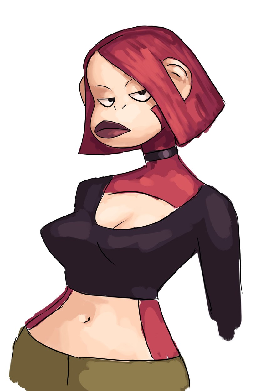 alternate_species anthro bottomwear breasts choker cleavage clothed clothing crop_top female fur furrification hair jewelry lips midriff navel necklace pants red_body red_fur red_hair red_lips shirt short_hair simple_background solo topwear white_background redustheriotact clone_high joan_of_arc_(clone_high) haplorhine mammal monkey primate 2023 hi_res