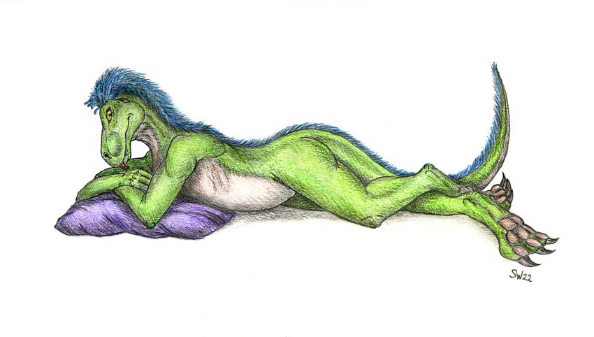 3_toes anthro belly biped black_claws blue_body blue_feathers butt claws digitigrade feather_hair feather_mane feathered_tail feathers feet fingers green_body green_scales inviting looking_at_viewer lying male mane multicolored_body multicolored_scales nude pawpads pillow pseudo_hair pseudo_mane scales seductive simple_background solo tail teeth toe_claws toes tongue tongue_out white_background white_body white_scales yellow_eyes conditional_dnp scalywanderer dinosaur dromaeosaurid feathered_dinosaur feathered_scalie prehistoric_species reptile scalie theropod velociraptor 2022 colored_pencil_(artwork) hi_res signature traditional_media_(artwork)