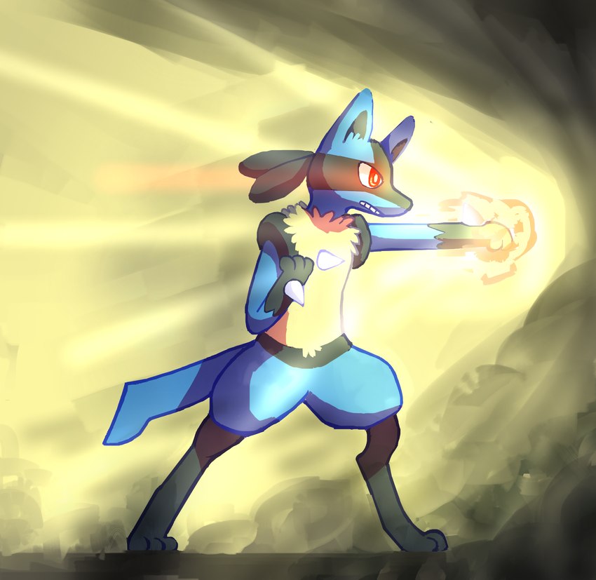 ambiguous_gender anthro biped blue_body blue_tail chest_spike clenched_teeth fur open_mouth paws punch pupils red_eyes solo spikes spikes_(anatomy) standing tail teeth white_pupils white_sclera flavia-elric nintendo pokemon generation_4_pokemon lucario pokemon_(species) 2014 digital_media_(artwork) hi_res