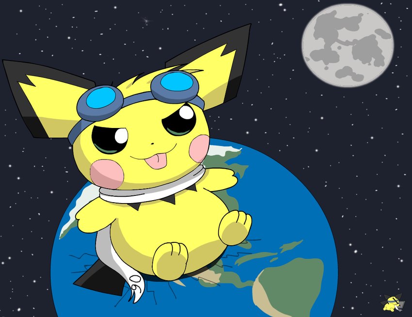 eyewear eyewear_on_head feral fur goggles goggles_on_head green_eyes macro male moon planet_destruction scarf sitting_on_planet solo space terra_macro tongue tongue_out white_scarf yellow_body yellow_fur pichu90 nintendo pokemon sparks_pichu generation_2_pokemon pichu pokemon_(species) digital_media_(artwork)