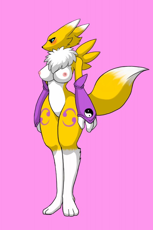 anthro areola big_breasts black_sclera blue_eyes blush breasts chest_tuft dipstick_tail female green_eyes looking_at_viewer markings multicolored_tail nipples pink_background simple_background solo standing tail tail_markings thick_thighs tuft kewon bandai_namco digimon canid canine digimon_(species) mammal renamon 2:3 absurd_res full-length_portrait hi_res portrait