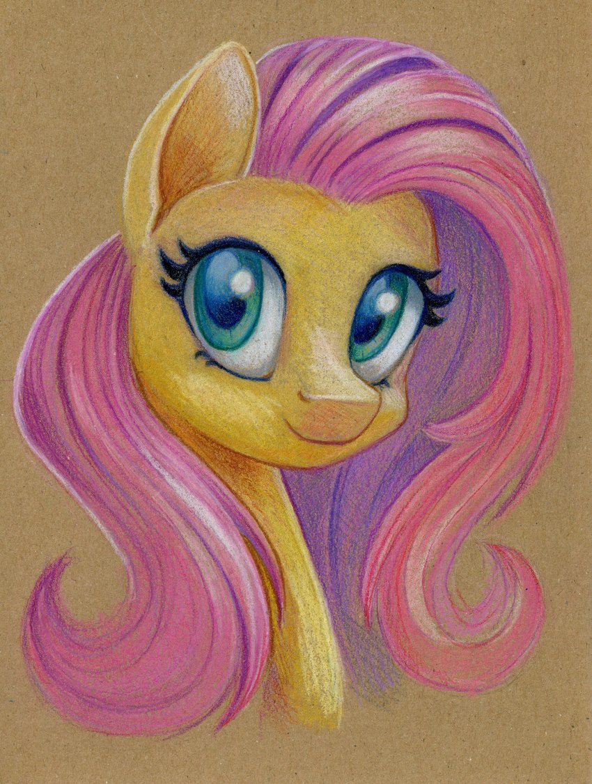 eyelashes female feral fur green_eyes hair looking_at_viewer pink_hair solo three-quarter_view yellow_body yellow_fur maytee friendship_is_magic hasbro my_little_pony fluttershy_(mlp) equid equine horse mammal pony 2022 bust_portrait colored_pencil_(artwork) portrait traditional_media_(artwork)