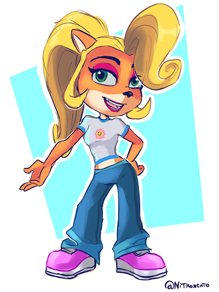 anthro blonde_hair clothing eyeshadow female footwear green_eyes hair lipstick long_hair makeup open_mouth open_smile ponytail smile solo teeth nitroneato activision crash_bandicoot_(series) coco_bandicoot bandicoot mammal marsupial 2019 hi_res signature