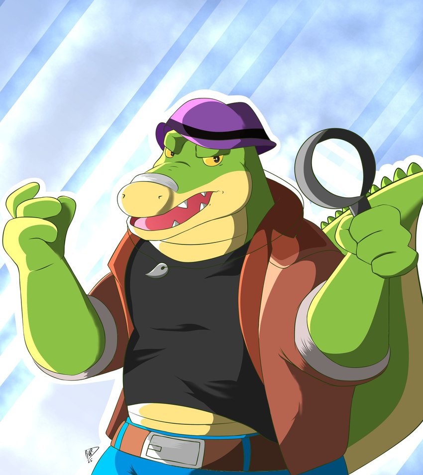 anthro bottomwear clothing hat headgear headwear humanoid_hands magnifying_glass male pants shirt slightly_chubby solo topwear bowsarthekoopa brok_the_investigator cowcat_games brok_(brok_the_investigator) alligator alligatorid crocodilian reptile scalie 2021 hi_res