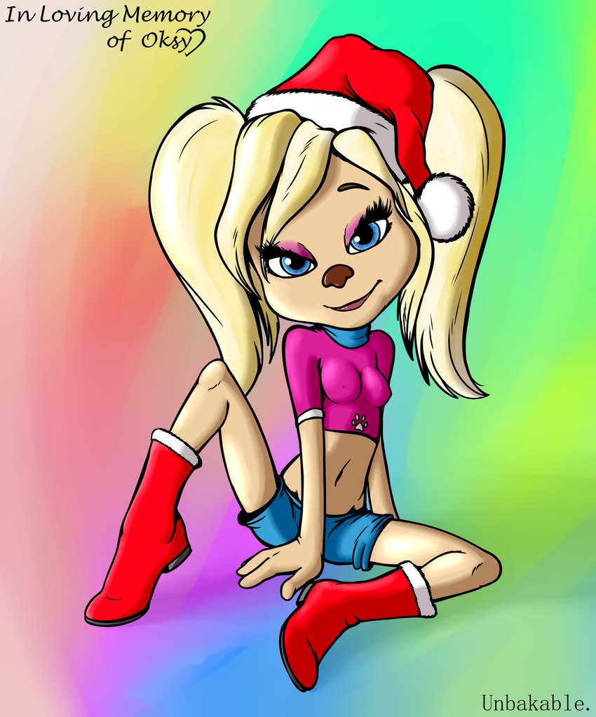 anthro bent_legs blonde_hair blue_eyes boots breasts christmas_clothing christmas_headwear clothing eyeshadow female footwear gradient_background hair hat headgear headwear holidays lips looking_at_viewer makeup midriff navel nipple_outline santa_hat shoes simple_background sitting smile solo spread_legs spreading text unbakable barboskiny christmas les_pooche melnitsa the_pooches roza_barboskina canid canine canis domestic_dog mammal absurd_res english_text hi_res