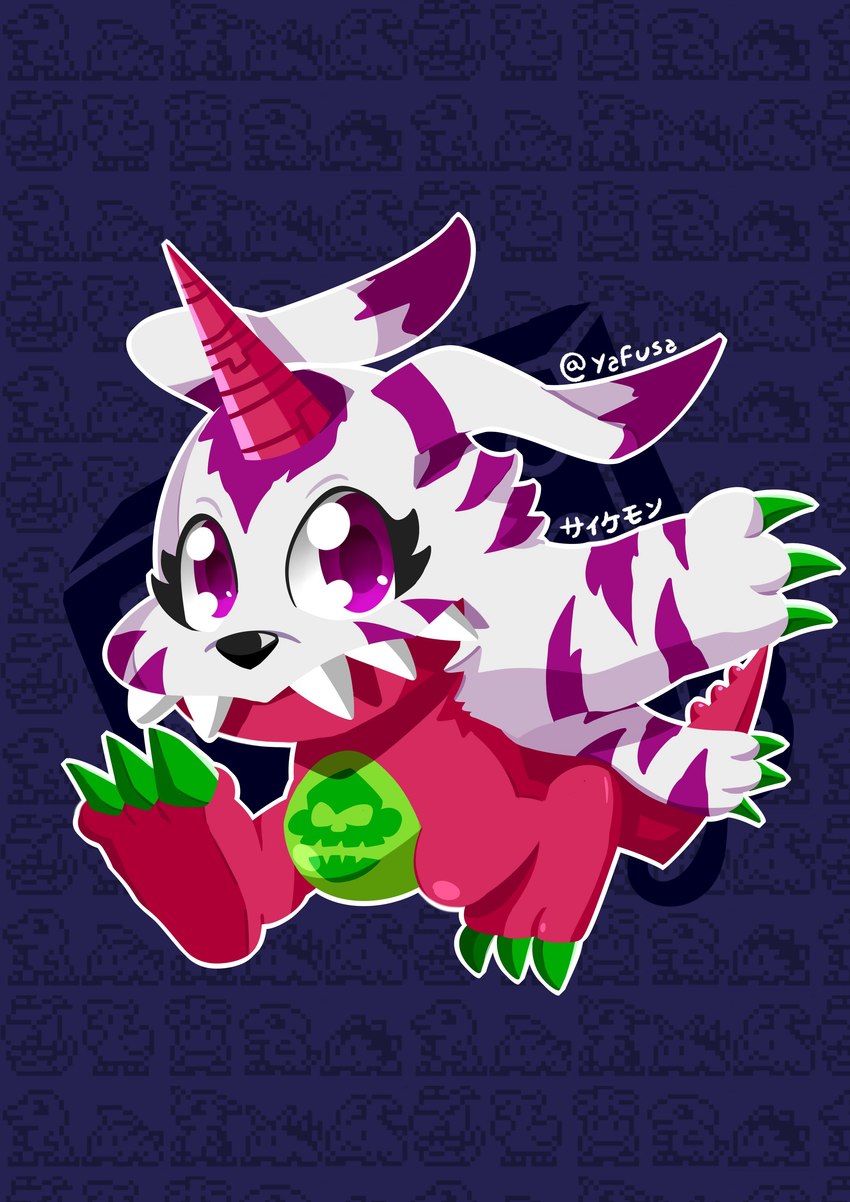 animal_skin anthro belly chibi claws fur horn male pink_body purple_eyes slightly_chubby solo striped_body striped_fur stripes yafusa bandai_namco digimon digimon_(species) psychemon absurd_res hi_res