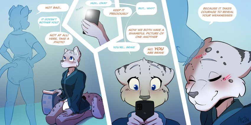 anthro bathrobe blush clothed clothing dialogue diaper duo embarrassed eyes_closed female male male/female multi_panel open_mouth robe shocked shy speech_bubble text wearing_diaper arzdin felid feline leopard mammal pantherine 2:1 english_text