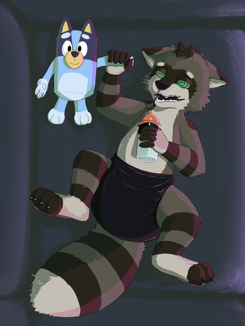 anthro bottle container diaper hypnosis hypnotic_eyes latex male mind_control plushie regression slime solo young baileydoodles bluey_(series) bluey_heeler jake_(fluffiestmallard) mammal procyonid raccoon 3:4 absurd_res hi_res