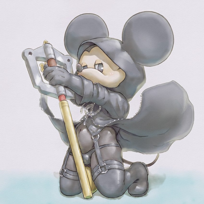 anthro black_body black_fur bulge clothed clothing fur hood keyblade leather leather_strap legwear male melee_weapon robe skimpy solo stockings straps thong underwear weapon apluss disney kingdom_hearts square_enix mickey_mouse mammal mouse murid murine rodent 1:1 hi_res