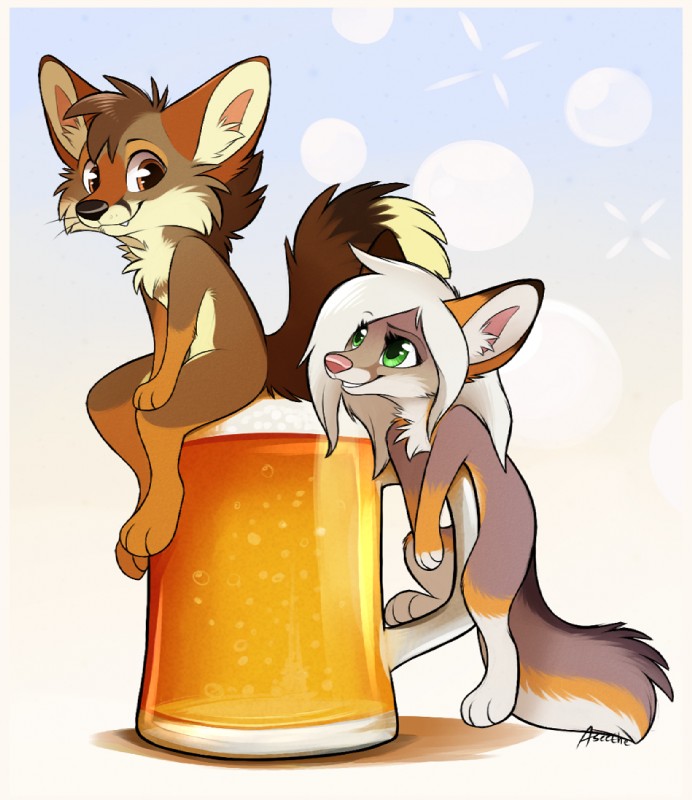 alcohol anthro beer beverage black_nose border brown_eyes duo eyelashes female hair male nude simple_background sitting smile standing white_border white_hair aseethe legos_(legos09) thalkarsh canid canine canis coyote fox hybrid mammal red_fox south_american_fox south_american_grey_fox true_fox 2019 digital_media_(artwork)