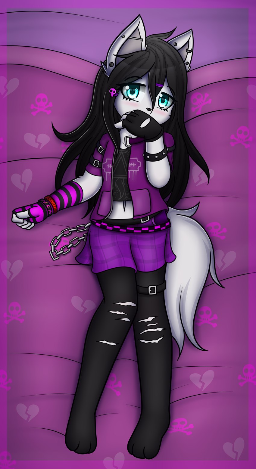 adolescent alternative_fashion anthro bottomwear clothed clothing dakimakura emo female furgonomics legwear skirt solo tail tail_through_skirt text tights young young_anthro young_female dream_mirage the_neon_city angel_kitsune canid canine canis fox hybrid mammal wolf absurd_res dakimakura_design digital_drawing_(artwork) digital_media_(artwork) hi_res story