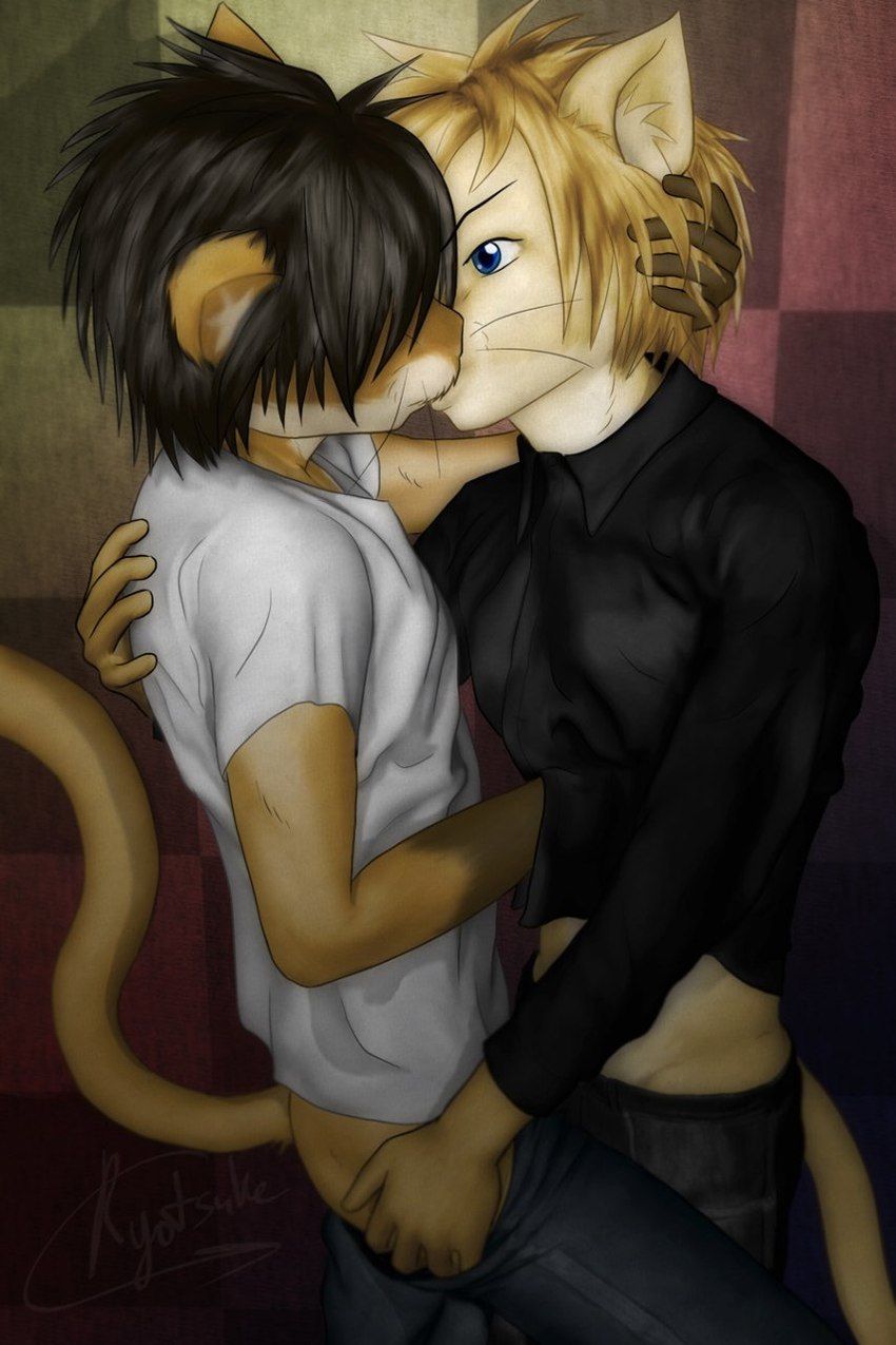 anthro black_hair blonde_hair blue_eyes clothed clothing duo fur hair kissing male male/male partially_clothed tan_body tan_fur undressing ryotsuke felid feline mammal hi_res