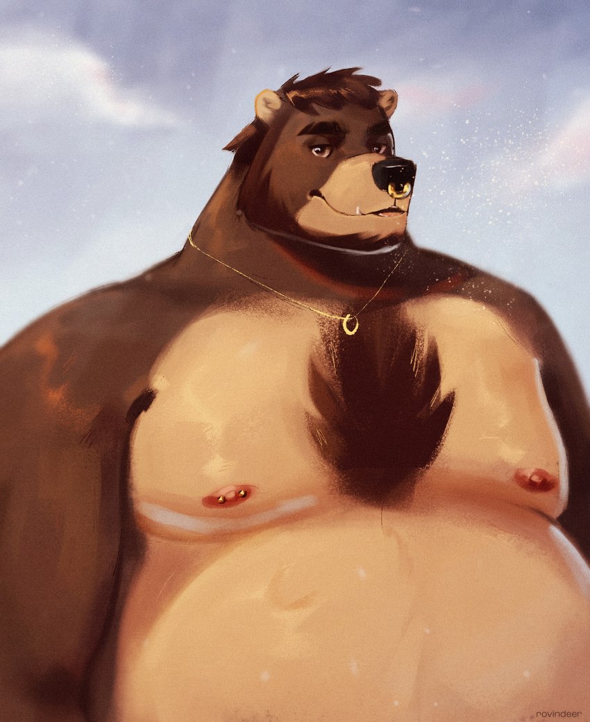 anthro belly black_nose facial_piercing male moobs nipples nose_piercing nose_ring overweight overweight_male piercing ring_piercing solo rovindeer gabriel_(rovindeer) bear mammal 2021 absurd_res half-length_portrait hi_res portrait